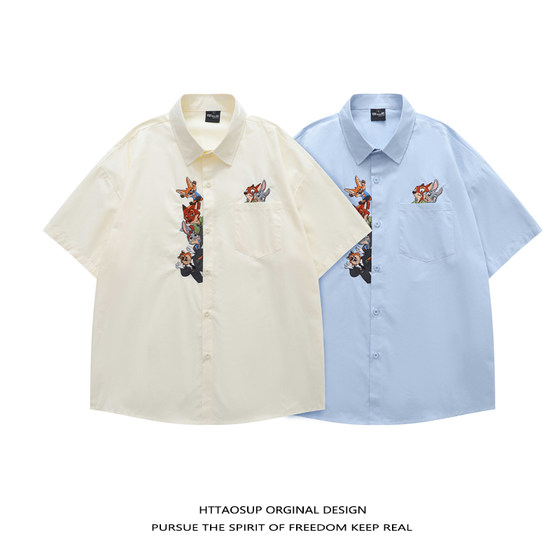 HTTAOSUP夏季新款美式复古学院风创意趣味卡通刺绣休闲短袖衬衫男