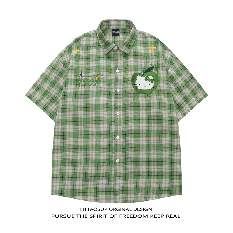 Httaosup Hello Kitty Cartoon Plaid Short-Sleeved Shirt for Men and Women, Japanese Retro Hong Kong Style Trendy Shirt Httaosup Hello Kitty Cartoon Plaid Short-Sleeved Shirt for Men and Women, Japanese Retro Hong Kong Style Trendy Shirt
