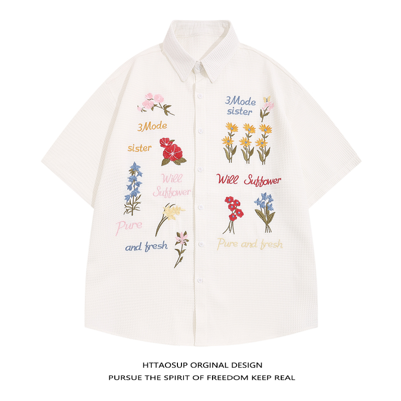 Httaosup Ziyu Same Style Shirt with Heavy Embroidery Flowers, Unisex Couple Trendy Brand Loose Versatile Short-Sleeve Shirt