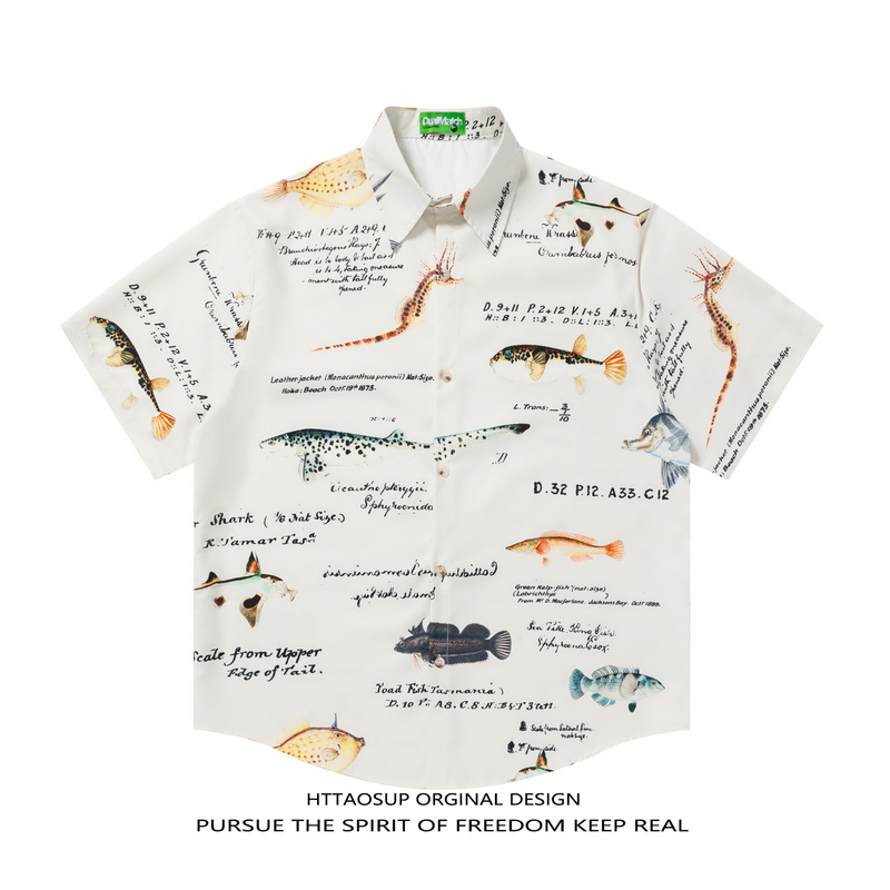 Httaosup《Fishologist》Ocean Museum Illustration Retro Short-Sleeve Shirt Unisex Hawaiian Shirt Trendy