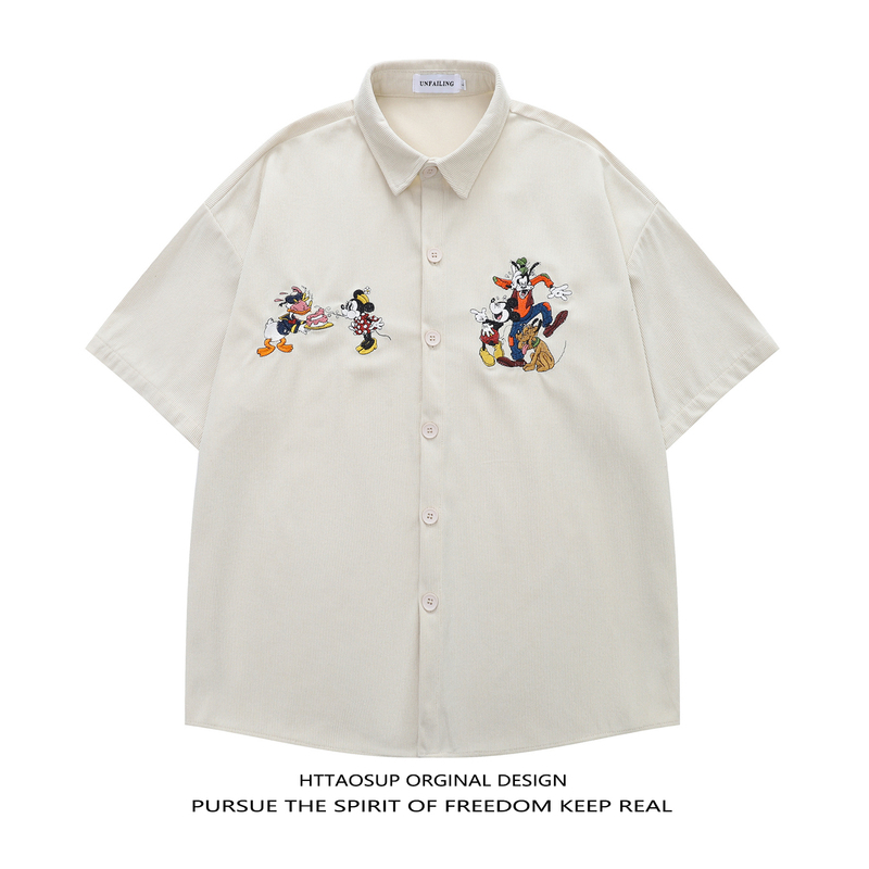 Httaosup Mickey Mouse Donald Duck Cartoon Embroidered Corduroy Short-Sleeved Shirt Japanese Retro Unisex Shirt Trendy
