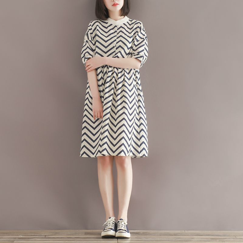 Pregnant women summer clothes 2021 new cotton and linen striped wave sleeve shirt dress medium long loose dress tide mom