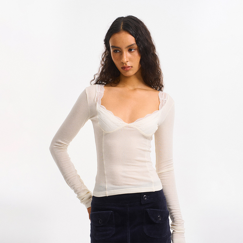 Alkaidy French-Style Tencel Wool Slightly Sheer Lace Trim V-Neck Stretchy Slim-Fit Long-Sleeve Base Shirt T-Shirt