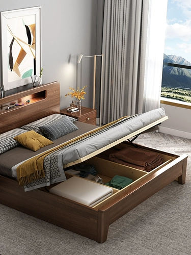 Ореховый орех Нордический настоящий деревянный кровать 1,8 метра двойная главная спальня 1,5 легкая роскошная современная минималистская многофункциональная кровать для хранения с высокой коробкой