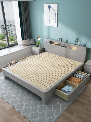 Семь -летняя магазин девять красочных человеческих кроватью серая серая скандинавская кровать из сплошной древесины Современная простая двуспальная кровать