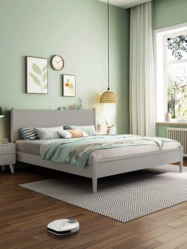 Nordic All -cure сплошной деревянная кровать 1 метр 8 прямая кровать серая на один метр пять современных минималистских двуспальных кровать маленькая квартира большая свадебная кровать