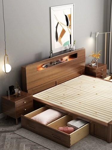 Ореховый орех Нордический настоящий деревянный кровать 1,8 метра двойная главная спальня 1,5 легкая роскошная современная минималистская многофункциональная кровать для хранения с высокой коробкой