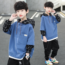 Boy Sweats 2021 spring loosened version fake two hooded blue Korean children handsome net red long sleeve Spring