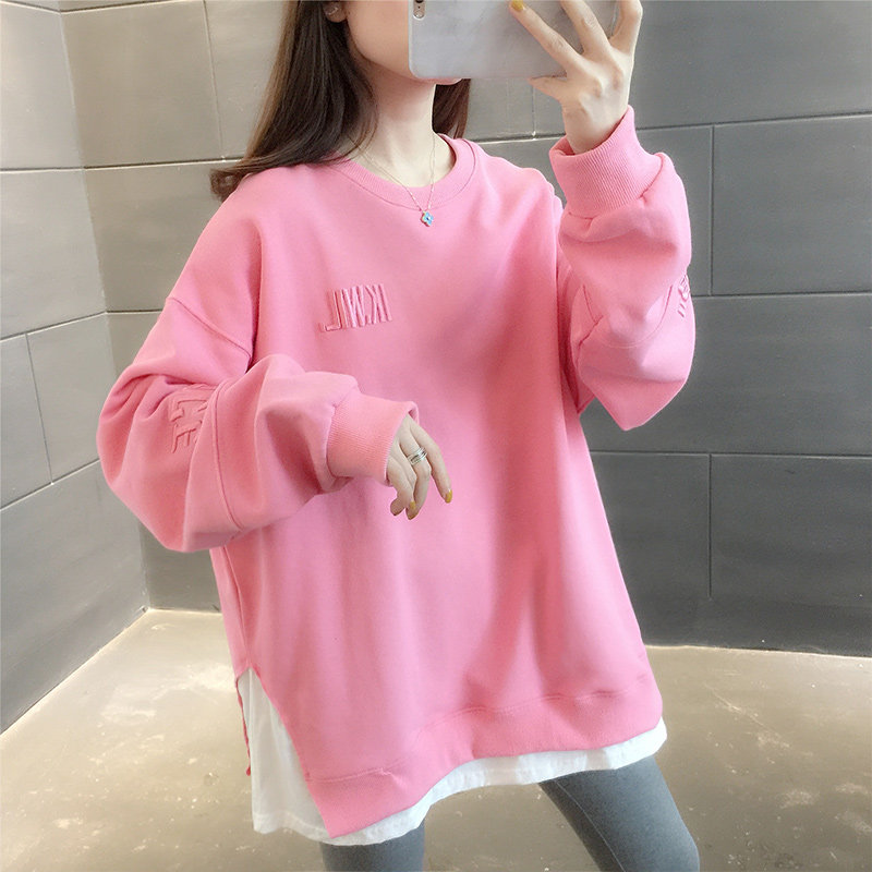 Korean version of thick cotton T female ins Chains Spring and autumn thin section of round collar women's clothing fake two blouses loose autumn 2022 new