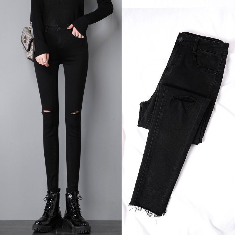 Black Broken Cave Jeans Woman Tight Fit Autumn Winter New High Waist Hew Open Fork Smoke Tubes Pants Children slim 100 hitch