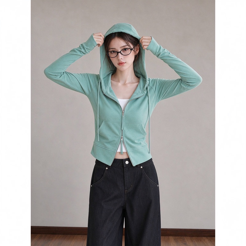 [Mist Green] Mint Green Sweatshirt Jacket for Women, Short Hooded Cardigan for Autumn, Sporty Slim Fit Top