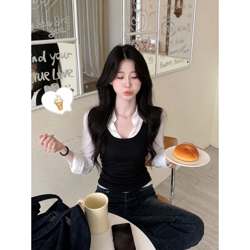 Korean Style Color-Blocked Faux Two-Piece Polo Collar Long-Sleeve T-Shirt for Women, Autumn Waist-Cinching Slimming Unique and Beautiful Top Korean Style Color-Blocked Faux Two-Piece Polo Collar Long-Sleeve T-Shirt for Women, Autumn Waist-Cinching Slimming Unique and Beautiful Top
