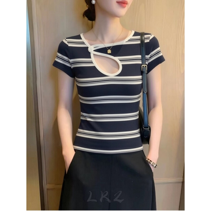 Korean-Style Striped Hollow-Out Regular Shoulder Short-Sleeve T-Shirt for Women, Summer Slim-Fit Short High-End Blouse