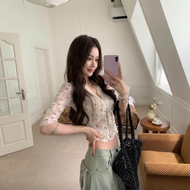Pure Desire Lace Mesh V-Neck Tie Floral Mid-Sleeve T-Shirt for Women, Unique and Beautiful Short-Sleeve Top for Summer Pure Desire Lace Mesh V-Neck Tie Floral Mid-Sleeve T-Shirt for Women, Unique and Beautiful Short-Sleeve Top for Summer