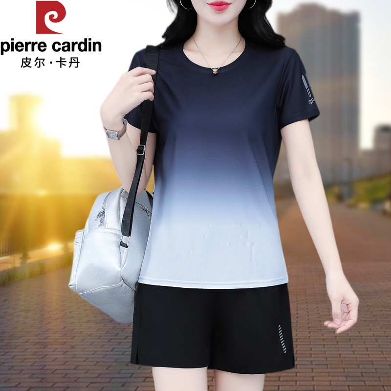 Pierre Cardin Ice Silk Casual Sportswear Suit for Women Summer Large Size Gradient Shorts Quick-Drying Clothes Slimming Two-Piece Set