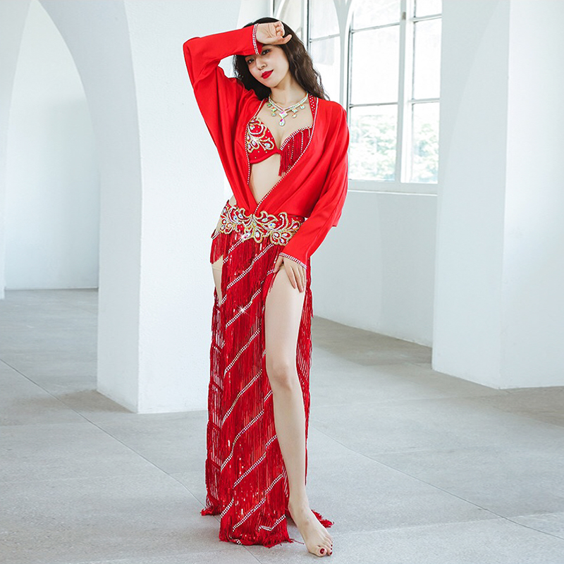 2022 new oriental belly leather dance performance Out of service Stage Show Double high open fork Sexy long dress Stream Subright sheet embroidery