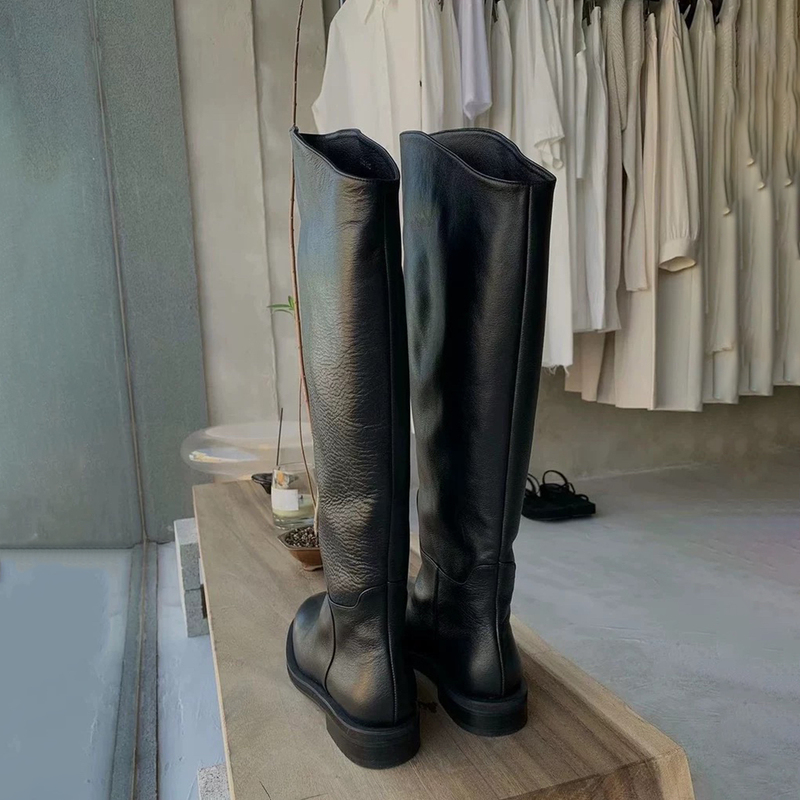 Cowhide Version~ Korean Dongdaemun Round-Toe High-Top Riding Boots for Women, Chunky Heel Genuine Leather Knee-High Boots, Long Motorcycle Boots for Women