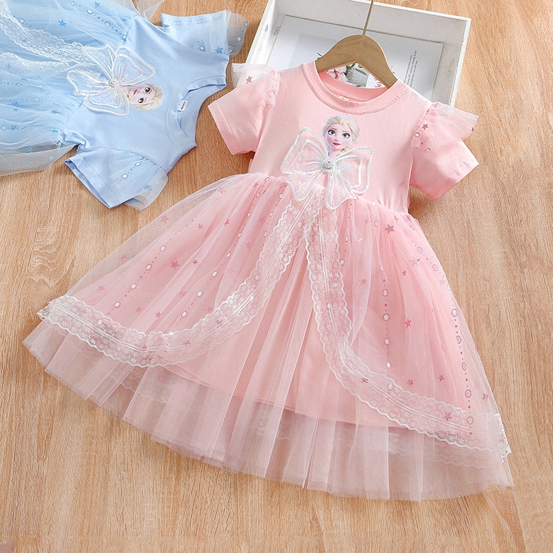 Little Girl's Summer Elsa Princess Dress 2026 New Baby Girl Elsa Dress Birthday Mesh T-Shirt Dress