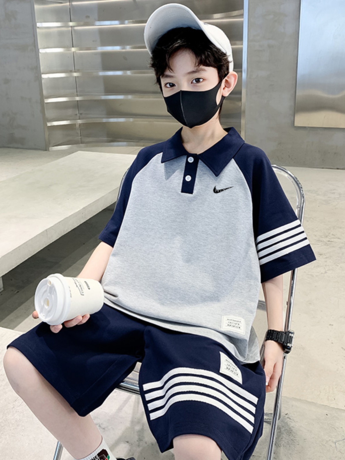 <!--耐克顿男童夏装短袖套装2024新款中大童男孩夏季酷帅Polo衫儿童装-->