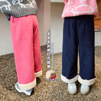 Blue Little Daddy Children's Wide Leg Pants Winter New Girls Fleece Casual Pants Western Style Warm Long Pants