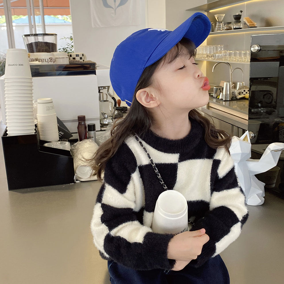 Blue Baby Dads Girl Dress Girl New Autumn And Winter Clothing Checkerboard Gown Jersey Baby Foreign Blouse Children Sweaters