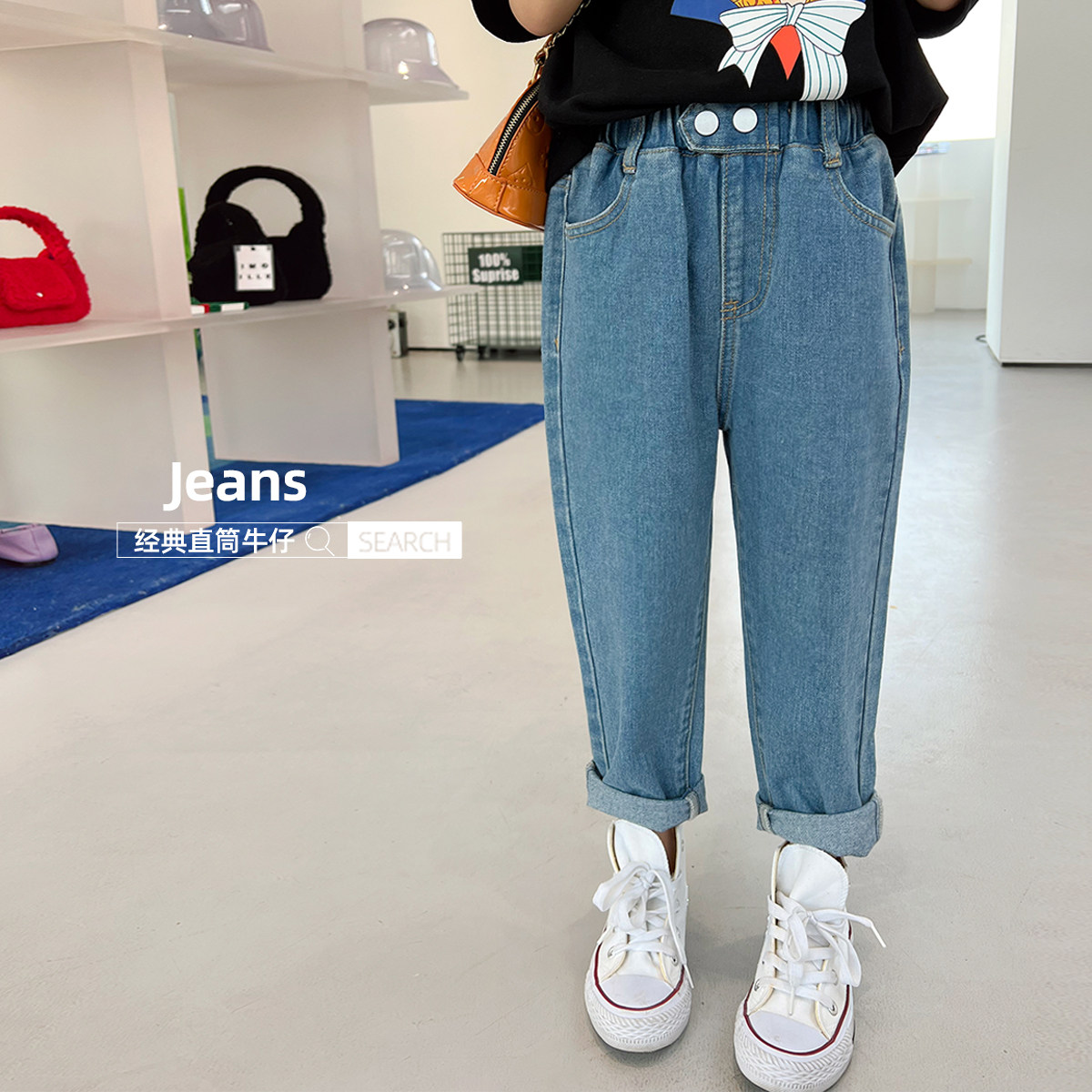 Blue Little Dad girl jeans 2022 Spring and autumn clothing new Korean version of the women's baby 100 hitch a trendy long pants