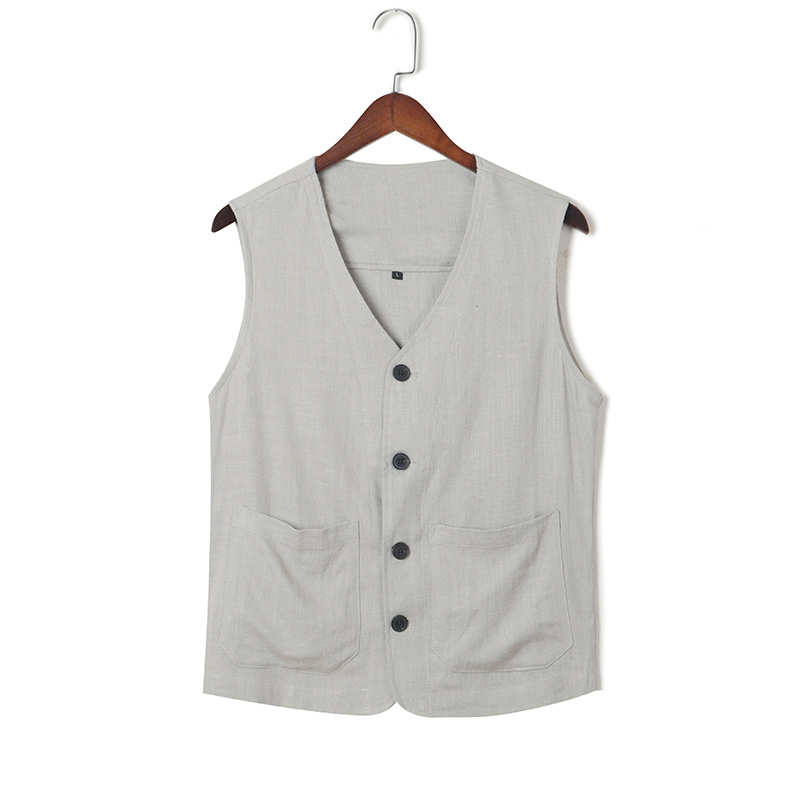 Men's Linen Vest Chinese Style Retro Top Middle-Aged and Elderly Summer Thin Cotton and Linen Vest V Neck Cardigan
