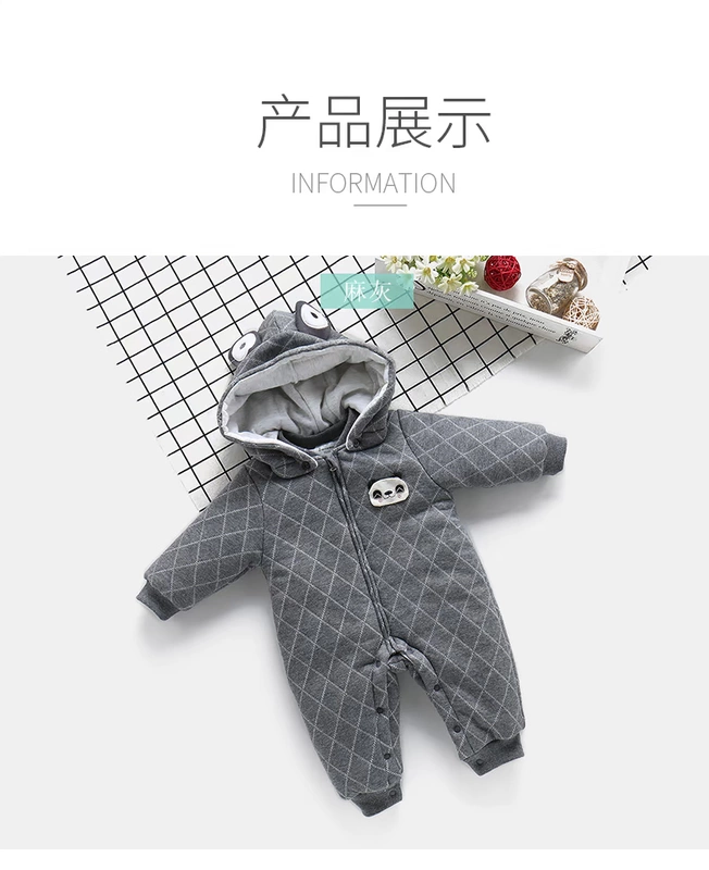 Quần áo sơ sinh cho bé sơ sinh mùa thu và mùa đông cotton dày đóng kín jumpsuit cho bé cotton dày trùm đầu ấm romper thoi trang be yeu