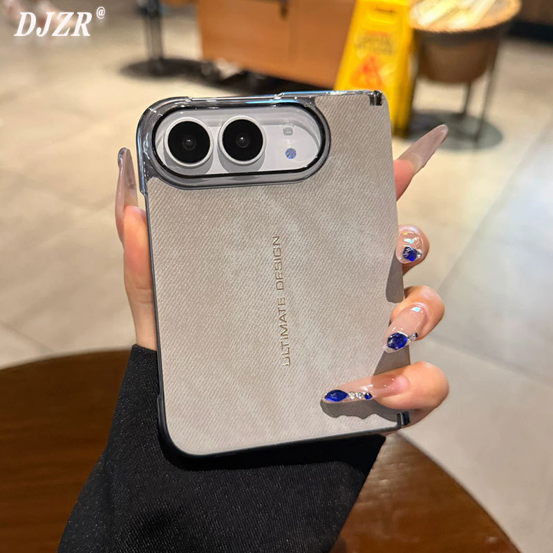 Suitable for iPhone Duo Phone Case, Beige Denim Pattern, Apple Duo Foldable Screen New Model 18Duo, Central Axis Protective Case with Integrated Film, High-End Plain Leather, Premium Electroplating, ins Anti-Drop Protective Cover