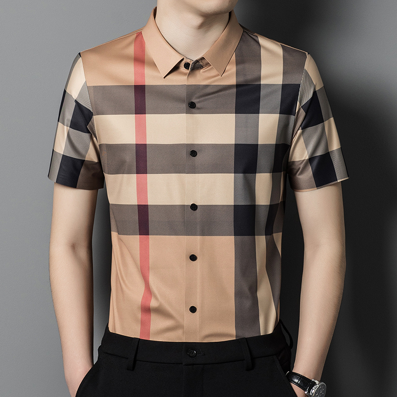 2026 New Men's Silk Short-Sleeve Shirt, High-End Brand Ice Silk Top, Classic Plaid Fashion Shirt for Men