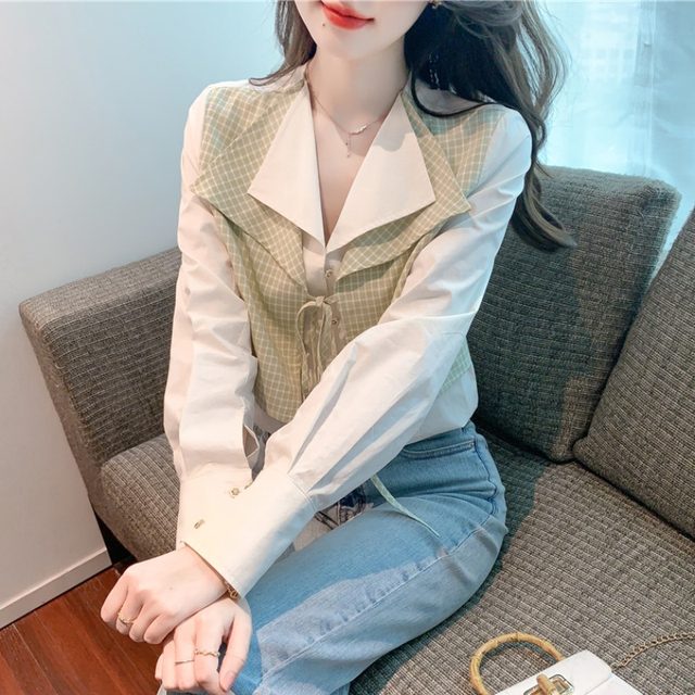 European Lapel Fake Two-piece Chiffon Shirt 2023 Spring and Autumn New Fashion Plaid Stitching Long-sleeved Top Ladies