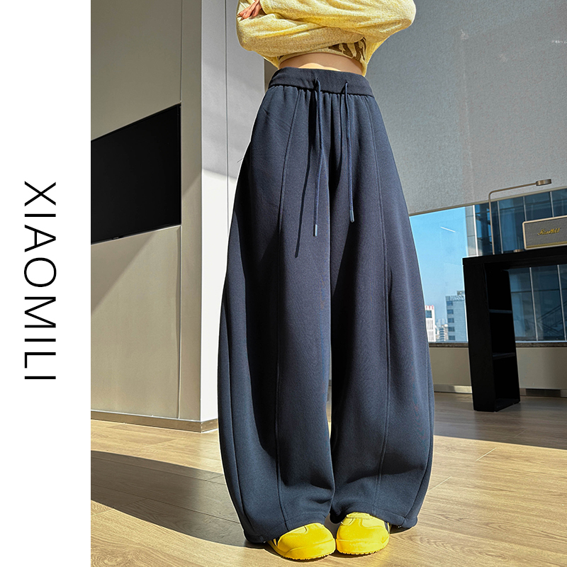 American-Style Navy Blue Sweatpants for Women, Spring Season, Petite Size, Two-Way Wear, Jogger Pants, Loose Fit, Slimming, Scimitar Pants, Wutong Pants