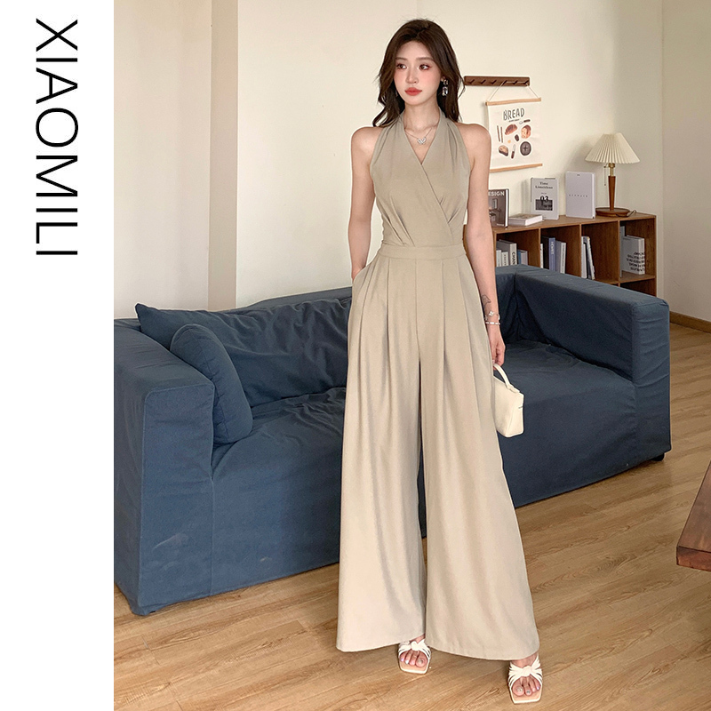 High-End V-Neck Halter Neck Sleeveless Jumpsuit for Women, Summer Elegant Style, Waist-Cinching Tie-Up Jumpsuit, High-Waisted Wide-Leg Pants, Long Pants