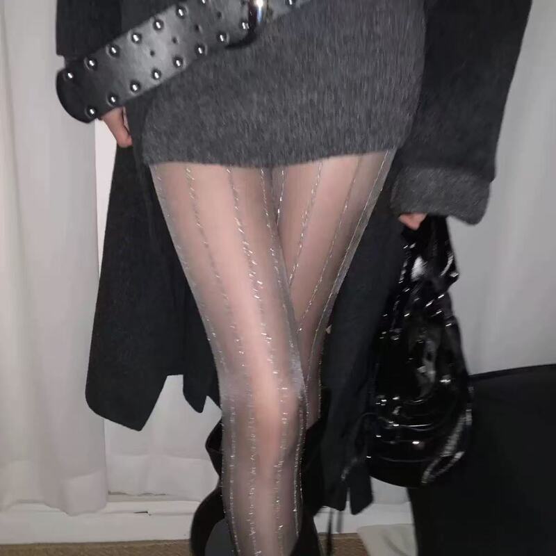 Trendy Silver Stripe Design Stockings, Autumn Sexy Leg-Enhancing Thin Shiny Black and Gray Pantyhose