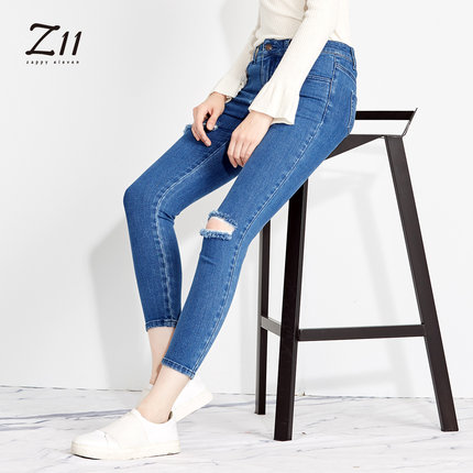 z11女装秋装修身显瘦经典水洗膝盖一字破洞牛