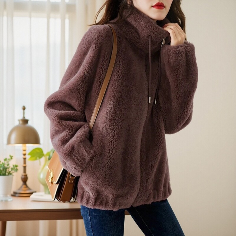 Fleece Jacket for Women, New Autumn and Winter Thickened Double-Sided Plush Stand-Up Collar Cardigan, Coral Fleece Casual Loungewear