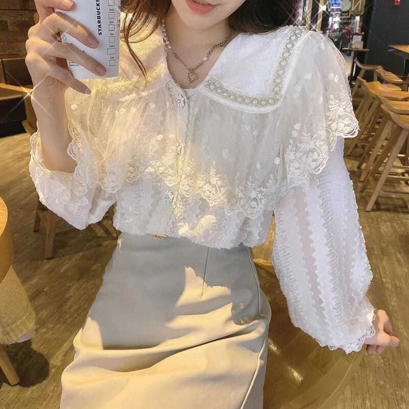 Extra Large Size 150kg Age-Reducing Heavy-Duty Beaded Lace Patchwork Collared Shirt for Men, Autumn Bell-Sleeve Shirt Extra Large Size 150kg Age-Reducing Heavy-Duty Beaded Lace Patchwork Collared Shirt for Men, Autumn Bell-Sleeve Shirt