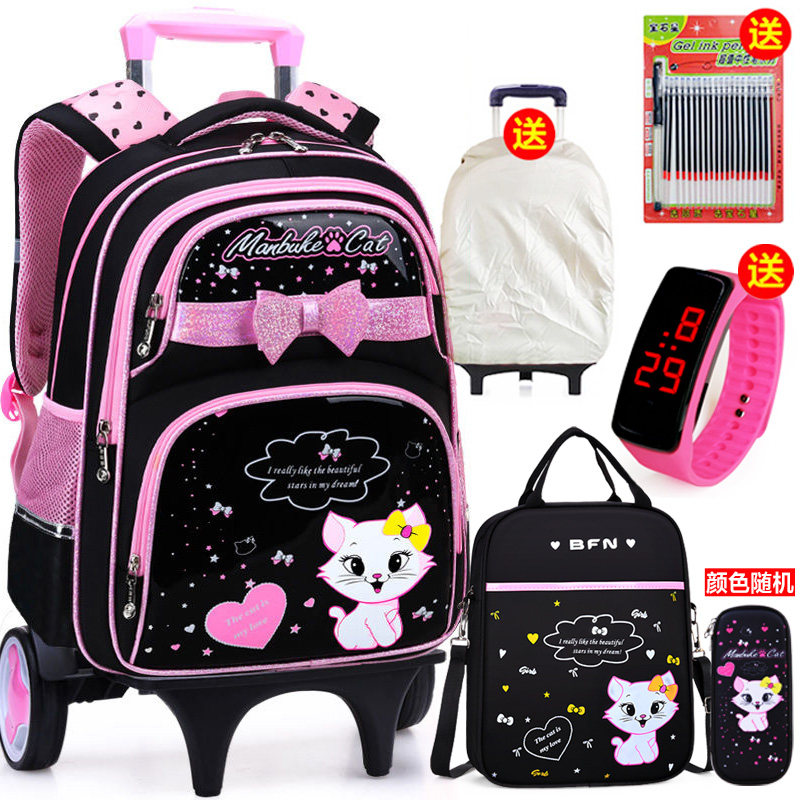PU Primary School Lausing Bag Girl 2-3-5-6 Grade Child Hand Drag Lag 6 Wheel Climbing Stairs Waterproof and Negative Dual-Use