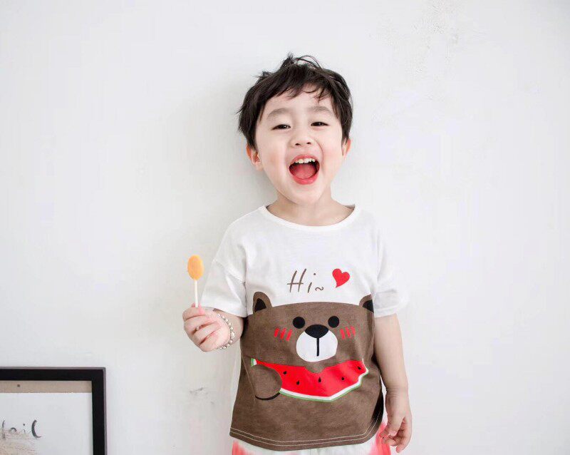 (Joe's) Xia Xinpin Boys and Girls Cartoon Print Short Sleeves Children's Combed Cotton Thin Bear Short T that Eats Watermelon