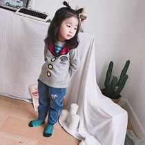 (Qiao) Autumn New Product male and female boy navy style cartoon print long sleeve T-shirt children cotton top