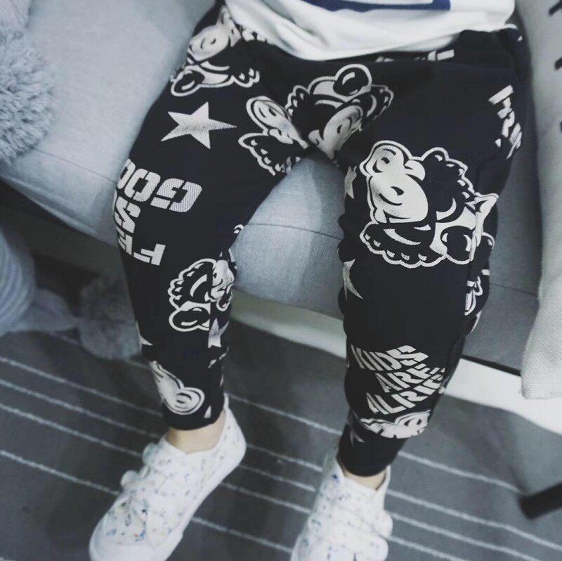 Joe Baojia Autumn New Products Male And Female Child Large Crotch Hallen Trousers Children Make Old Cartoon Print Kharen Pants