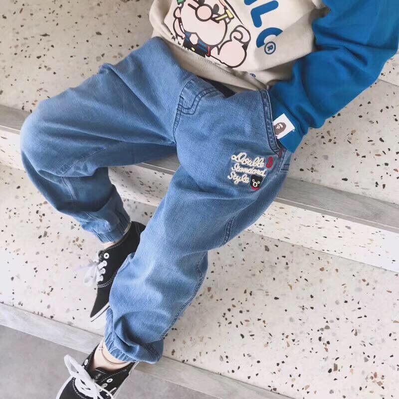Joe Baojia Spring New Products Male And Female Child Shrink Feet Jeans Children Embroidered Cartoon Bunch of jeans Long pants