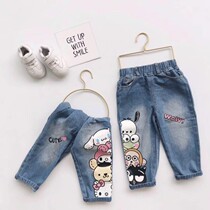 (Qiao Jia) Spring New Men and Women Children Cartoon Printed Denim Pants Childrens Loose Jeans