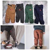 (Qiao) Autumn and winter new male and female children red seal embroidered plus velvet thick cotton pants childrens shrink overalls