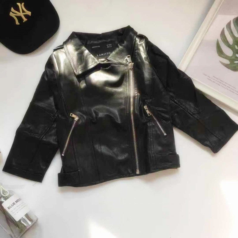 (Jo Jiao) New autumn and winter Boy and girl letter embroidery slanted zipper PU leather jacket