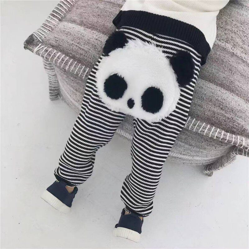 Qiao Baojia Winter New Products Boys and Girls Striped Cartoon Plush Panda Cotton Knitted Pants with Rabbit Fur