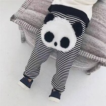 Qiao Bao Jia winter New Product boys and women stripes cartoon plush velvet panda pure cotton knitted plus rabbit wool trousers