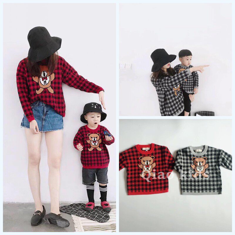 QIAO autumn winter new pint male and female children cubs angry expression double knit sweater mother and mother mother-daughter sweater