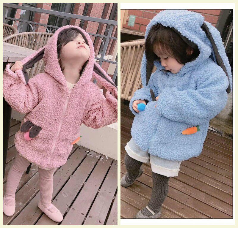 Qiao Baojia autumn and winter new products boys and girls rabbit ears carrot lamb velvet hooded plus velvet thick coat