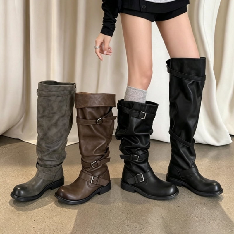 Sheepskin Version~ Korean Style Niche Design Large Shaft Stacked Over-The-Knee Boots with Round Toe and Belt Buckle High Tube Riding Boots for Women Sheepskin Version~ Korean Style Niche Design Large Shaft Stacked Over-The-Knee Boots with Round Toe and Belt Buckle High Tube Riding Boots for Women